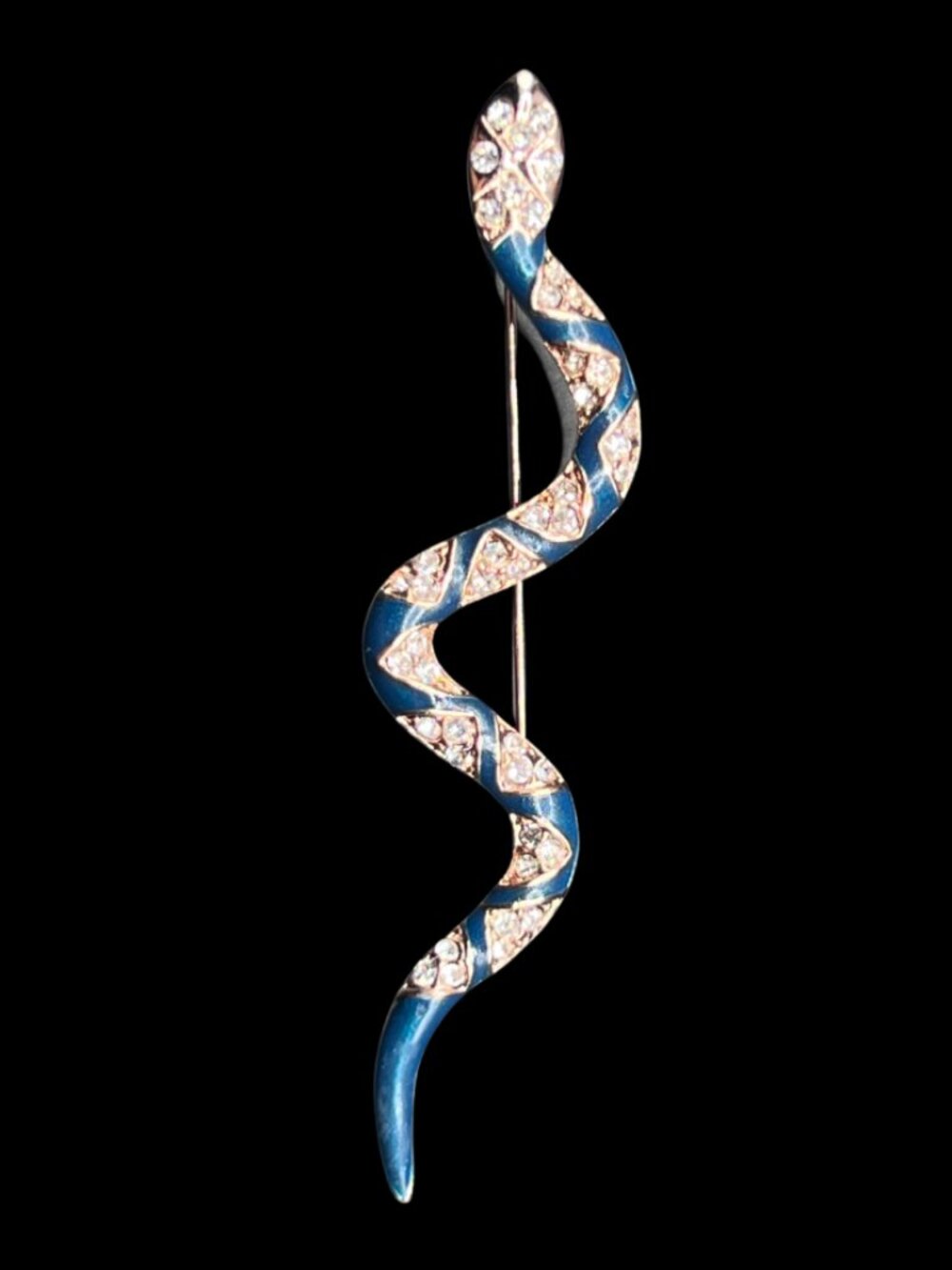 Blue Enamel and Rhinestone Gold-Toned Snake Brooch for Halloween